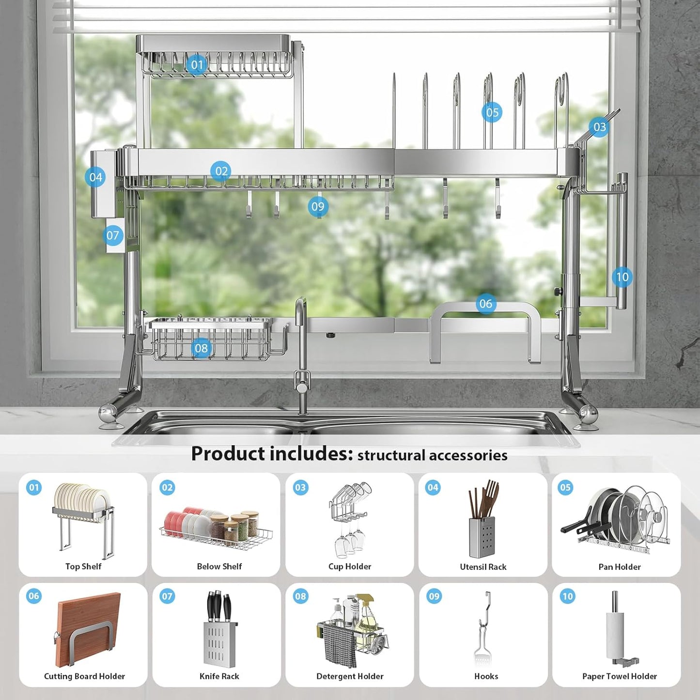 Over Sink Dish Drying Rack, Upgrade 2.5-Tier 304 Stainless Steel Dish Rack Adjustable Length with Pots and Pans Rack, Modern Over The Sink Dish Drainer Rack for Kitchen Storage Counter Organizer