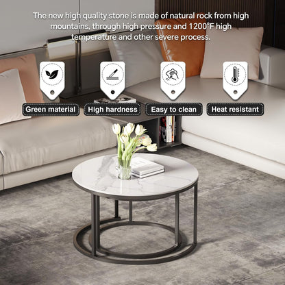 Round Nesting White Modern Decorative Coffee Table (Set of 2), Sintered Stone Top & Sturdy Metal Frame for Living Room