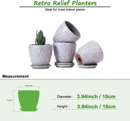 4 Inch Retro Ceramic Planter Set of 4 with Drainage Hole and Saucer for Plants, Indoor-Outdoor Small Garden Pots for Succulent, Herb and Flower (Fits Inner Pots Up to 3 Inch, Retro Purple)