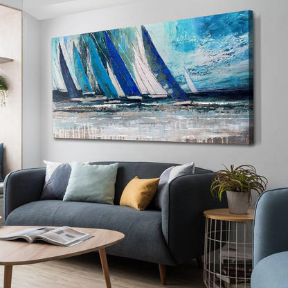 Arjun Blue Abstract Wall Art Canvas Teal Ocean Sailboat Picture Modern Turquoise Coastal Nautical Painting Large 40"x20" Framed Textured Artwork for Living Room Bedroom Bathroom Home Office Wall Decor