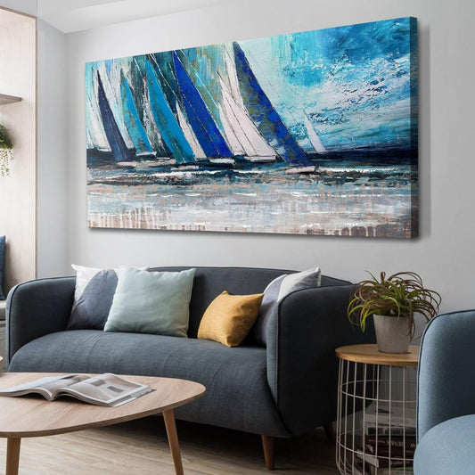 Arjun Blue Abstract Wall Art Canvas Teal Ocean Sailboat Picture Modern Turquoise Coastal Nautical Painting Large 40"x20" Framed Textured Artwork for Living Room Bedroom Bathroom Home Office Wall Decor