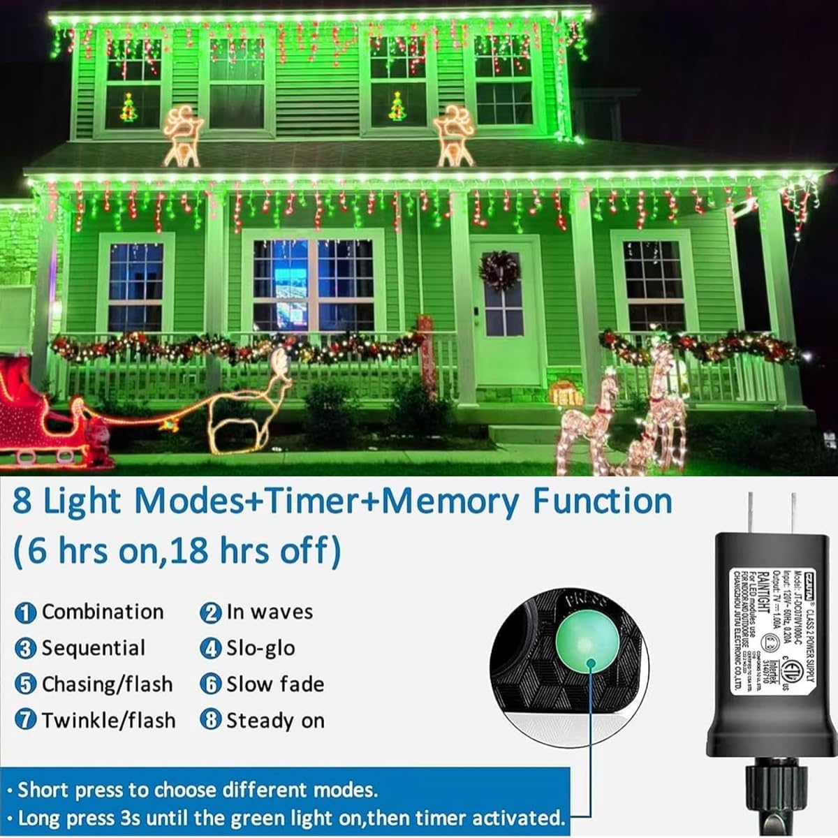 YEGUO 33ft 400 LED Red and Green Icicle Lights Outdoor Waterproof, 80 Drops Icicle String Light Connectable, 8 Modes Icicle Christmas Lights with Memory Timer