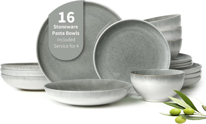 16 Piece Double Bowl Dinnerware Sets, Stain Resistant Dish Set with Pasta Bowls, Easy Cleaning Dishes, Multi-Functional Plate and Bowl, Stack Compactly Plate Set, Service for 4