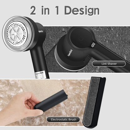 SUPER LINT Electric Fabric Shaver Electrostatic Brush, LED Display, 3-Speeds, Rechargeable Sweater Shavers to Remove Pilling for Clothing, Couch, Furniture, Black