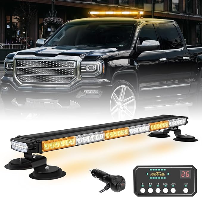 XRIDONSEN 28.4" 80 LED Roof Top Strobe Light Bar Amber White Emergency Warning Hazard Safety Double Side Traffic Advisor Lights w/Controller Magnetic Base for Plow Trucks Construction Vehicles Wrecker