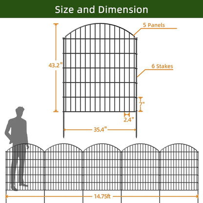 Decorative Metal Garden Fence Outdoor CTW3643, 43.2in H x 14.75 ft L, No Dig Temporary Dog Fence Border Fencing for Yard Patio Landscape Flower Bed,5 Panels + 6 Stakes, Black