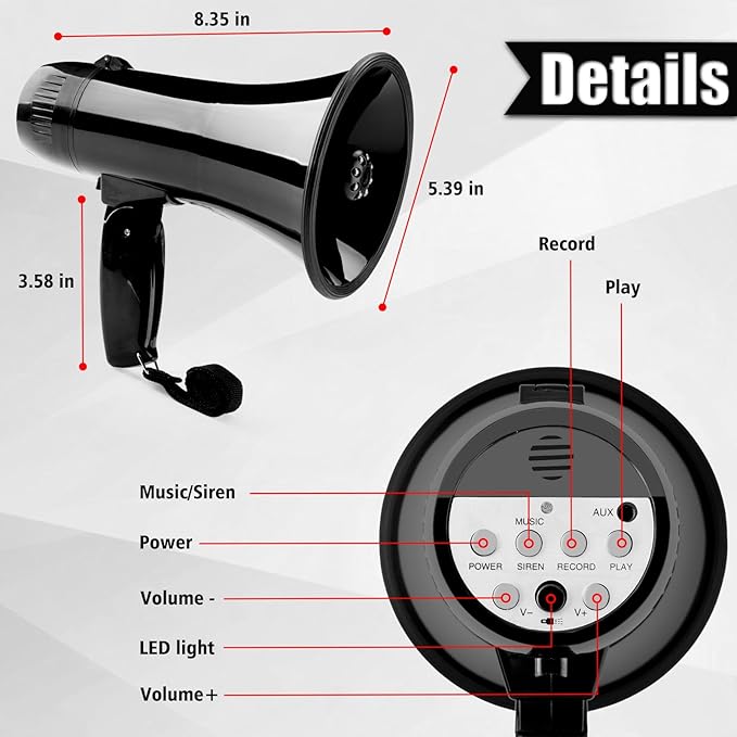 20W Megaphone Bullhorn Speaker with LED, | Loud Spekaer with Siren, Recording and 3.5mm Aux Interface | Mega Phone Design for Outdoors and Safety Drills（Black）