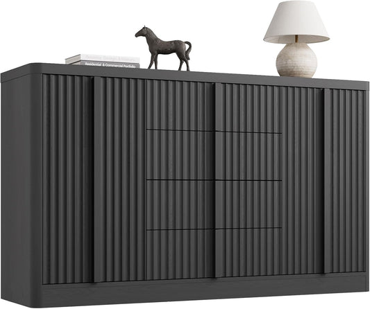 Buffet Cabinet with Storage, 60" Fluted Coffee Bar with 4 Drawers & 2 Doors, Modern Sideboard Buffet with Solid Wood Handle, Credenza Storage Cabinet for Living Room Kitchen Dining Room, Black(1PCS)