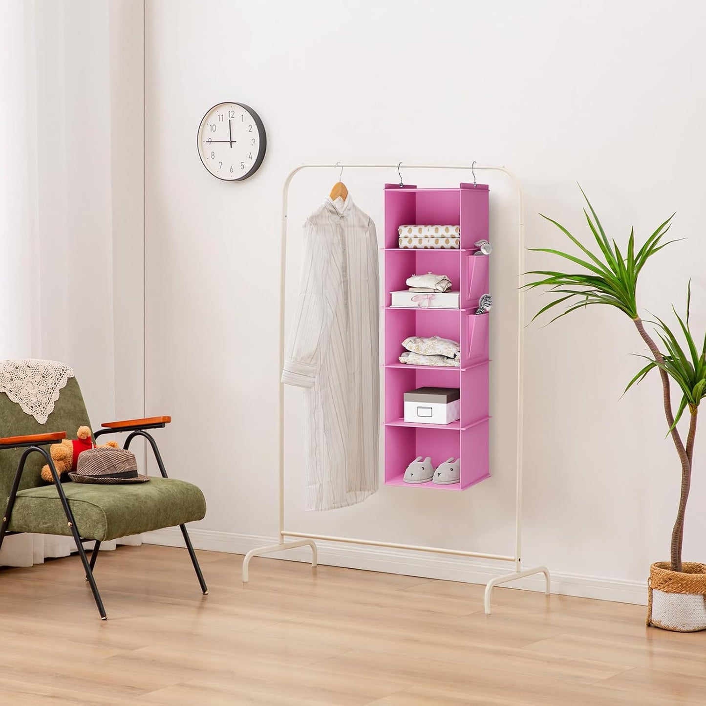 YOUDENOVA Hanging Closet Organizer, 5-Shelf Closet Hanging Storage Shelves, Light Pink