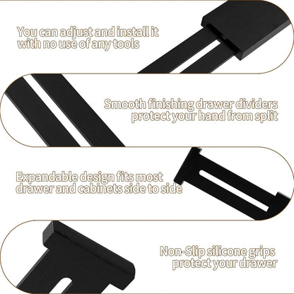 Utoplike 4 pcs Bamboo Kitchen Drawer Dividers Large, Adjustable Black Drawer Organizers, Spring Loaded, Works in Kitchen, Dresser, Bathroom, Bedroom, Drawer, Desk, 2.4" H