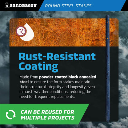 Sandbaggy Round Steel Concrete Form Stakes with Nail Holes - Rust Resistant Coating - Removable, Reusable (1000, 3/4 in X 18 in)