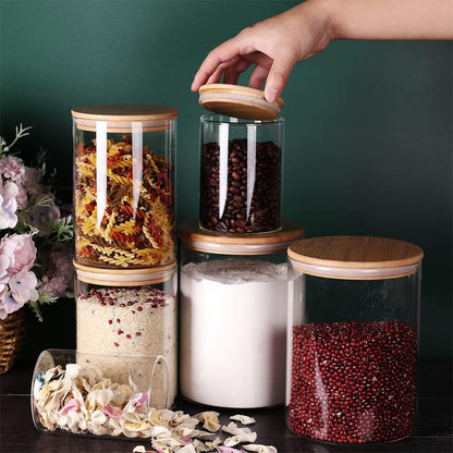 Glass flour Jars with Airtight Lids, 6 Pack Sugar and Flour Salt Containers Set, Extra Large Glass Rice Jar with Bamboo lid for Kitchen, Brown Suger, Beans, Groub Coffee (100OZ/54OZ/27OZ)