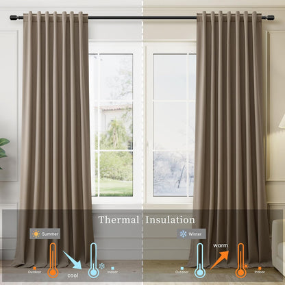 108 Inch Black Out Curtains 2 Panels Set Back Tab Thermal Insulated Natural Linen Textured Blackout Curtains Noise Reducing Dark Brown Neutral Living Room Darkening Window Drapes Pleated 52x108