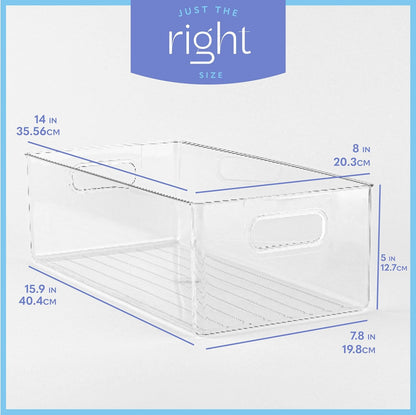 Plastic Food Storage 6 Pack Clear Container Bin with Handles for Organizing Kitchen, Pantry, Refrigerator, Freezer, Pantry, Cabinet, Closet, Bathroom. 14”x8”x5”