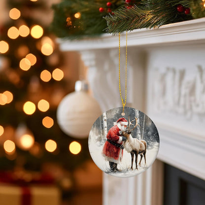 Christmas Santa Reindeer Ceramic Ornament Gifts, Rustic Winter Santa Claus Reindeer Decorative Hanging Ornaments for Xmas Tree Holiday Party Decoration, Winter Xmas Tree Decorations