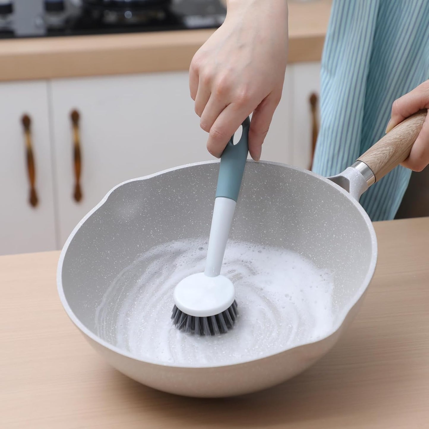 Patelai 12 Pack Kitchen Scrub Dish Brush with Long Handle Dish Scrubber with Stiff Bristles Scrub Brushes for Kitchen Dishes Washing Tools, Pots, Pans and Sink Cleaning (Celadon)