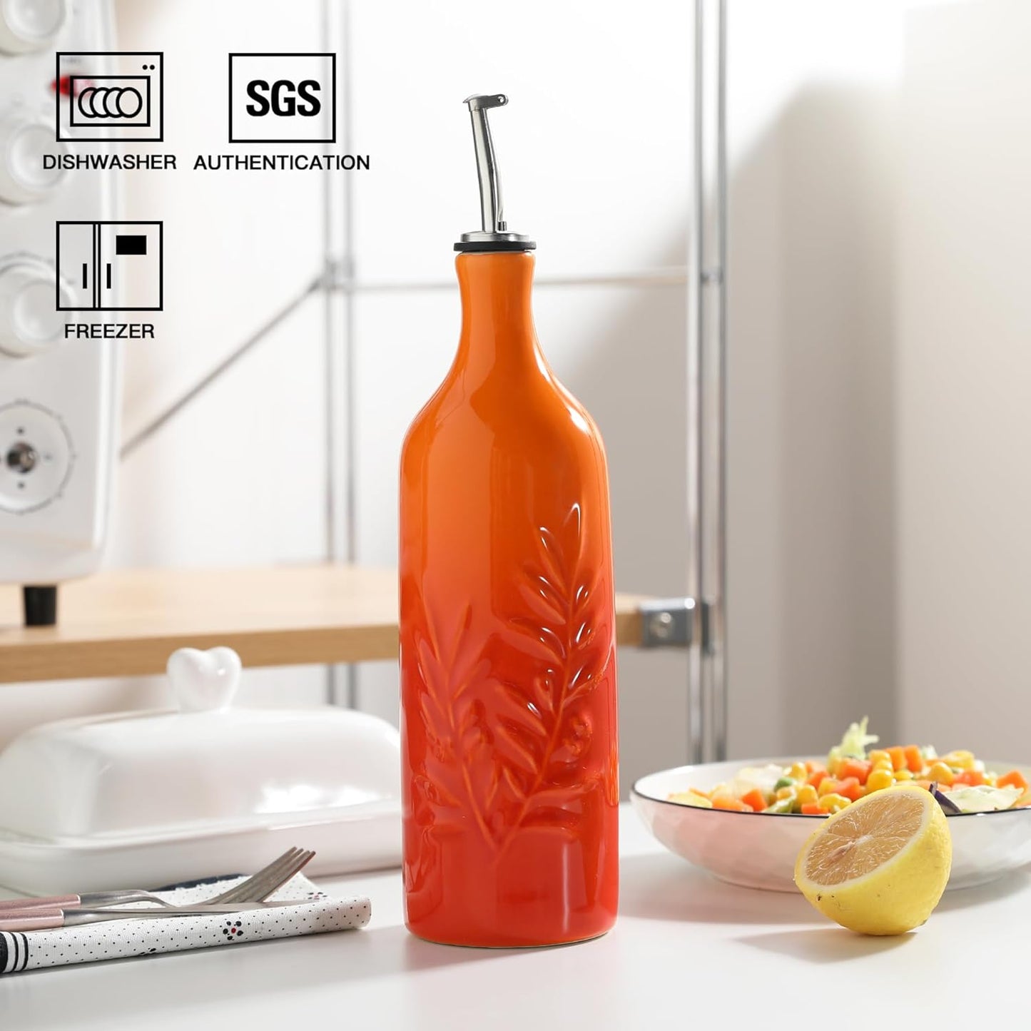 Sweejar Ceramic Olive Oil Dispenser Bottle, 24 Oz Relief Opaque Oil Cruet Protects To Reduce Oxidation, Suitable for Storage Soy Sauce, Coffee Syrup, Liquids, Set of 1 (Gradient Orange)