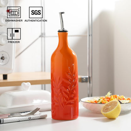 Sweejar Ceramic Olive Oil Dispenser Bottle, 24 Oz Relief Opaque Oil Cruet Protects To Reduce Oxidation, Suitable for Storage Soy Sauce, Coffee Syrup, Liquids, Set of 1 (Gradient Orange)