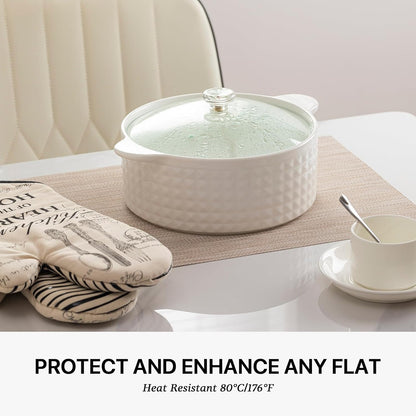 LEXMORE Placemats Set of 6 Vinyl/Plastic Woven Place Mats for Kitchen Table Indoor/Outdoor Washable Placemat Wipeable Dining Table Mats(A-Beige White)