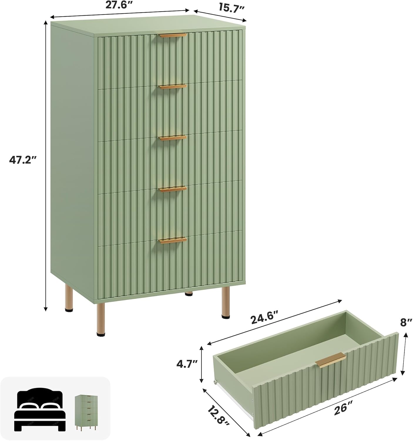 5 Drawer Dresser for Bedroom, 47.2" Tall Modern Chest of Drawers with Deep Drawers and Wide Top, Fluted Wooden Dresser Organizer for Living Room, Hallway, Kids Room, Green