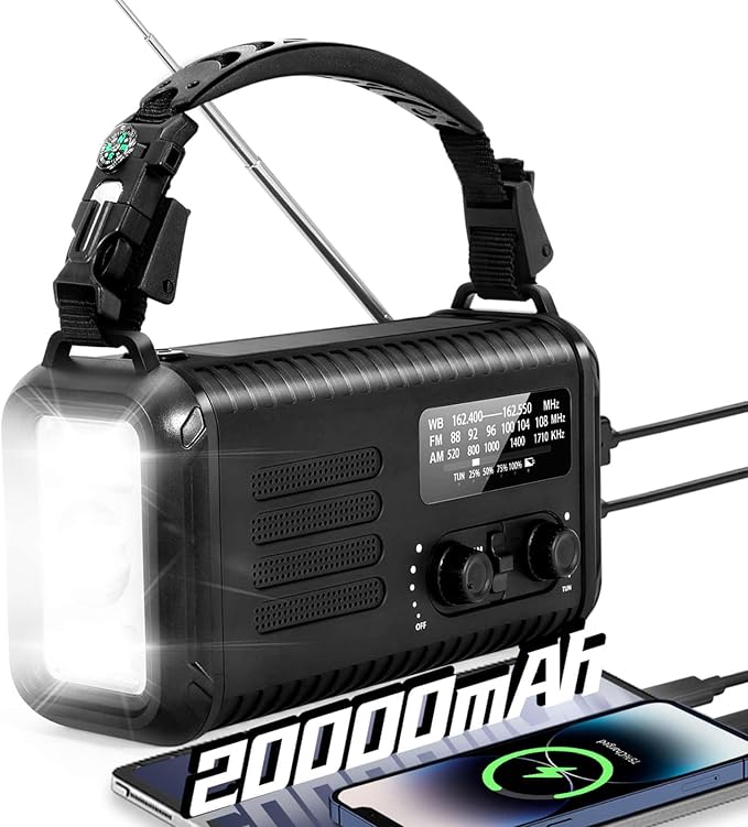 Emergency Crank Radio, 20000mAh / 74000mWh Solar Hand Crank Weather Radio with NOAA/AM/FM, Battery Powered Radio with Cell Phone Charger, Reading Lamp, Flashlight & SOS for Emergencies/Home (Black)
