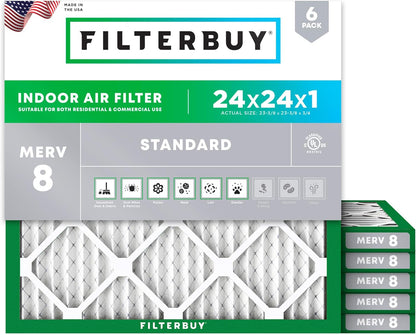 Filterbuy 24x24x1 Air Filter MERV 8 (MPR 700) Dust Defense Replacement (6-Pack), Electrostatic Pleated HVAC AC Furnace Filters, Made in USA (Actual Size: 23.38 x 23.38 x 0.75)
