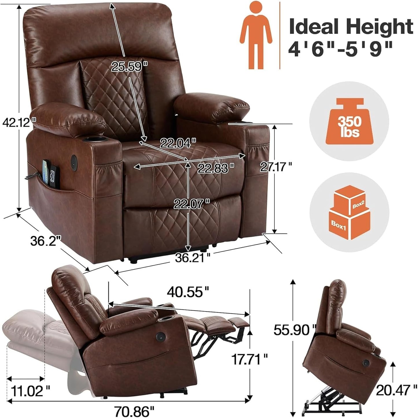 Dual Motor Power Lift Recliner Chairs with Heat and Massage for Elderly, Leather Electric Recliners with Footrest, Infinite Position Lift Chair with Cupholder,USB & Type C Ports(Brown)