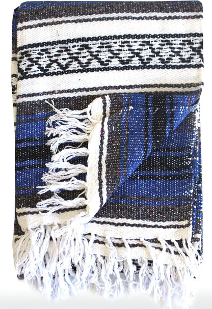 Del Mex Classic Mexican Blanket, Large Authentic Woven Falsa Throw (70"x50"), Artisan Southwest Décor for Beach, Yoga, Outdoors (Blue)