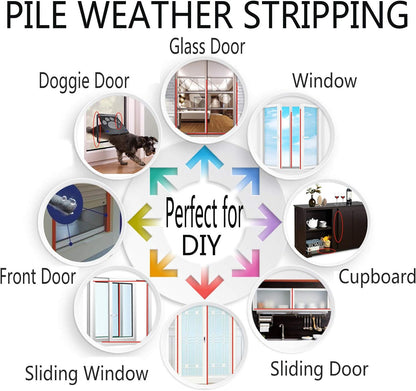Weather Stripping Brush for Sliding Windows/Doors Frame Side,Pile Self Adhesive Weatherstrip Seal Strip Sealer Draft Stoppers (33ft x11/32 Backing x 3/16 Brush inch, White)
