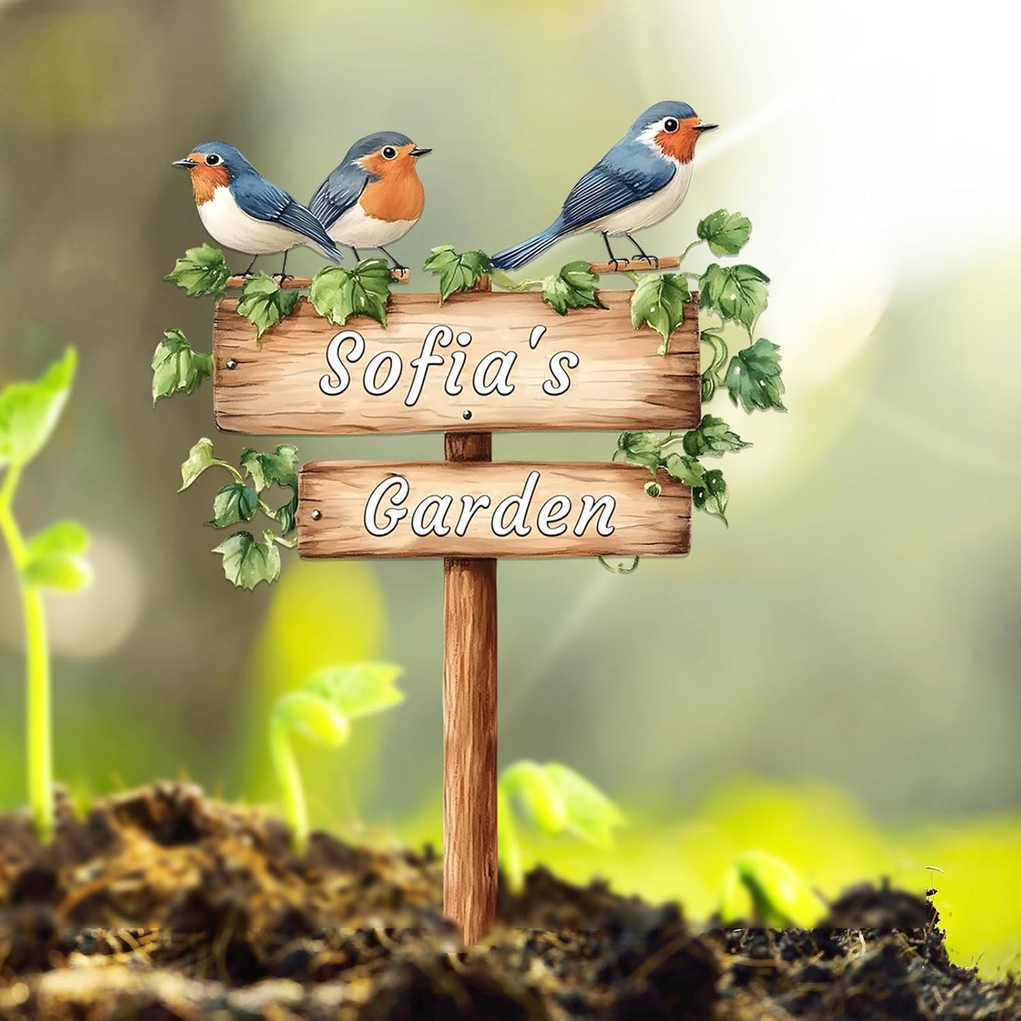 Personalized Bird Metal Sign with Stake,Custom Gardener Last Name Signs Outdoor Decor,Customized Flower Gardening Housewarming Gifts,Birds on the Branch Plaques for Patio Lawn Porch Backyard Farmhouse