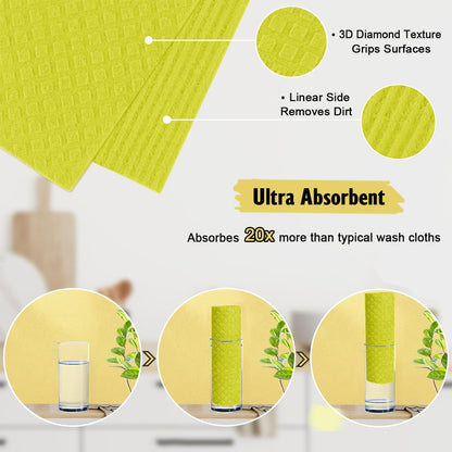 Swedish Dishcloths for Kitchen | 10 Pack Absorbent Cellulose Sponge Cloths Washable | Non-Scratch Reusable Paper Towels Quick Drying Cleaning Rag - Yellow