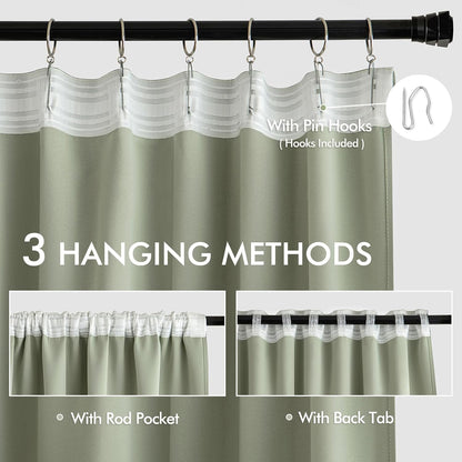MIULEE Sage Green Back Tab Blackout Curtains 96 Inch Length 2 Panels Set for Living Room Bedroom Privacy, Rod Pocket/Pinch Pleated Thermal Insulated Room Darkening Light Blocking Drapes, W66xL96