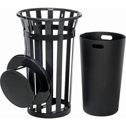 Global Industrial 24 Gallon Heavy-Duty Outdoor Metal Slatted Round Trash Receptacle with Rain Bonnet Lid, Powder Coat Finish, 23" Diameter x 41-3/4"H, Black