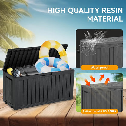 KAMABOKO Deck Box, 75 Gallon Resin Indoor and Outdoor Storage Boxes Waterproof for Garden Tools, Pool Accessories Storage Bench, Patio Furniture and Cushions with Lockable Lid, Black