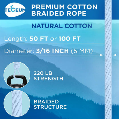 TECEUM Cotton Rope 3/16” (5 mm) – 100 FT – Strong All-Purpose Braided Rope – Natural Cotton – for Crafting, Сamping, Clothes Line, DIY, Indoor & Outdoor Use – Baby Blue