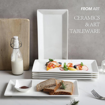12" Serving Platters Set of 4, White Rectangular Plates, Ceramic Serving Tray, Stackable Large Party Plates for Appetizer, Dessert, Steak, Sushi, Housewarming, Oven Dishwasher Safe