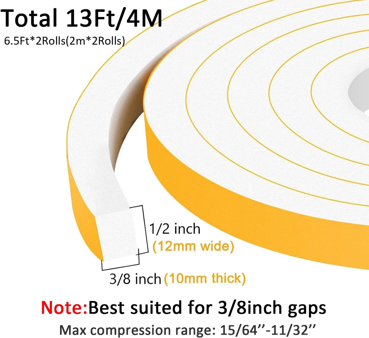 Strong Adhesive Insulation Tape, Door Weather Stripping Door Seal for Doors Windows Insulation,SoundProof Weatherproof Foam Weather Stripping, AC Seal Strip, White (1/2 in x 3/8 in x 13Ft)