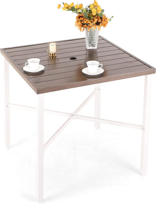 PHI VILLA Outdoor Bar Table, High Patio Table with Umbrella Hole, White Legs, Metal Frame, Sturdy & Durable for Outdoor & Indoor