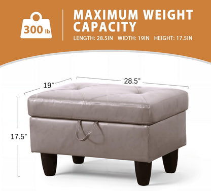 Ottoman Rectangular Storage Ottoman Bench, Faux Leather Footrest, Coffee Table, Stool Footstool with Hinged Lid for Living Room, Bedroom, Entryway, Champagne, 28.5"x19"x17.5"