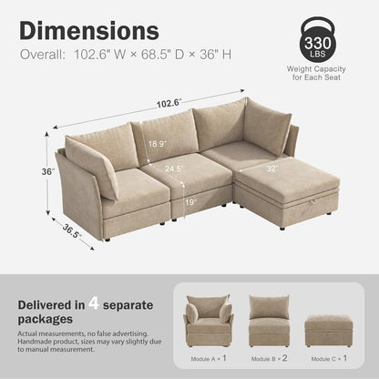 102.6" U Shaped Modular Sectional Sofa, 5 Seater Couch with Storage Ottoman Deep Seat and High Backrest with Removable Cover for Living Room, Apartment - Chenille Beige