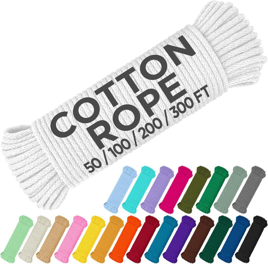 TECEUM Cotton Rope 3/16” (5 mm) – 200 FT – Strong All-Purpose Braided Rope – Natural Cotton – for Crafting, Сamping, Clothes Line, DIY, Indoor & Outdoor Use – White