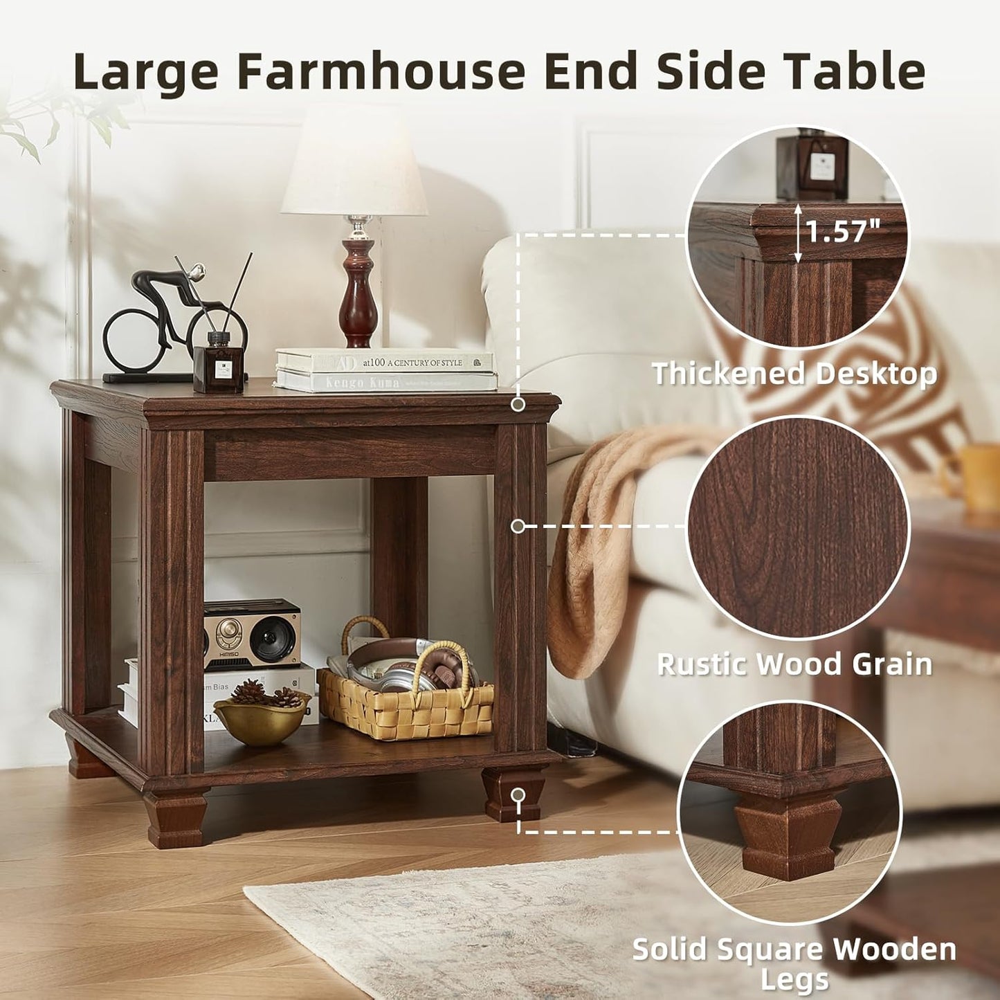Farmhouse End Table Set of 2,Large Side Table with 2-Tier Storage Shelf,Rustic Brown End Tables for Living Room,Square Tea Table,Walnut