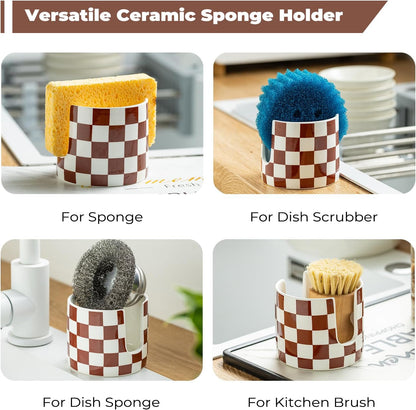 Checkered Sponge Holder for Kitchen Sink, Ceramic Dish Sponge Drying Caddy Scrubby Holder Kitchen Organizer Cute Dish Rack for Sink Counter, Brown and White