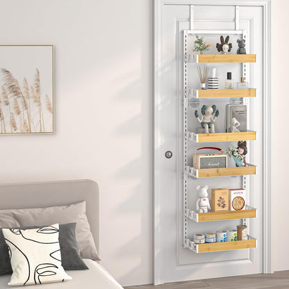 bukfen Over the Door Pantry Organizer 6-Tier Adjustable Basket Kitchen Pantry Door Organization and Storage, 2 in 1 Wall Mount or Hanging Heavy-Duty Metal Hanging Kitchen Spice Rack,White Bamboo Color