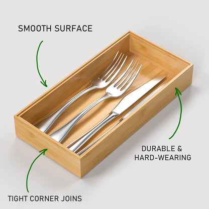 Silverware Tray for Drawer, Stackable Kitchen Bamboo Drawer Organizer 12" x 6" x 2" Set of 2