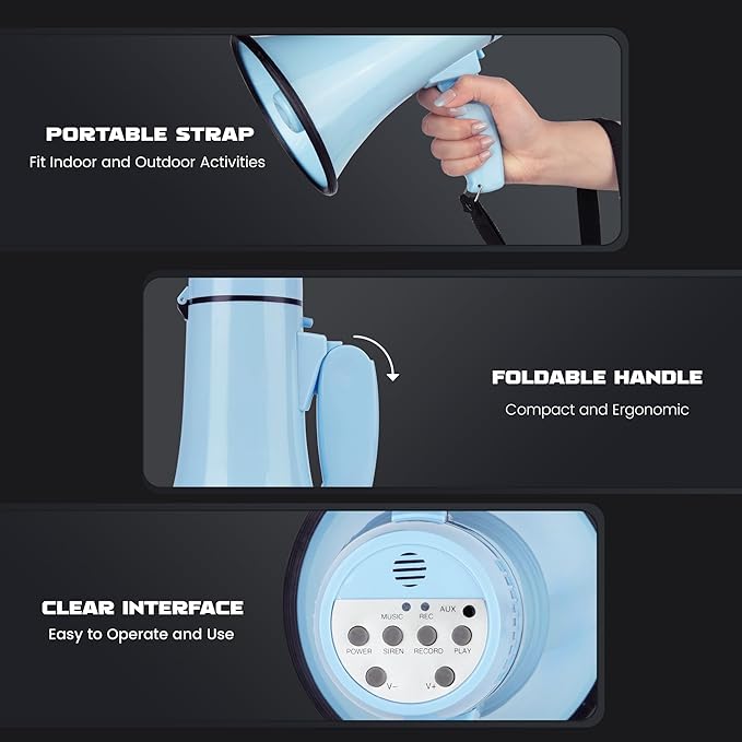 Portable Megaphone 20 Watt Power Megaphone Speaker Bullhorn Voice and Siren/Alarm Modes with Volume Control and Strap (Light Blue)