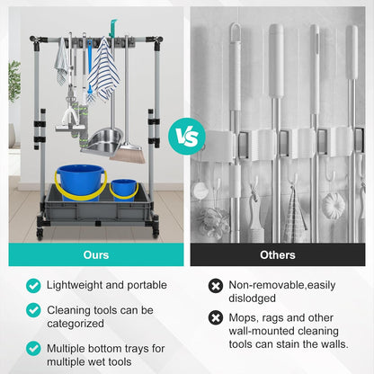 Rolling Cleaning Cart with Mop & Broom Organizer,Movable Floor-Mounted Mop Rack Floor Standing Cleaning Tool Cart with Wheels for Housekeeping, Garage &Garden