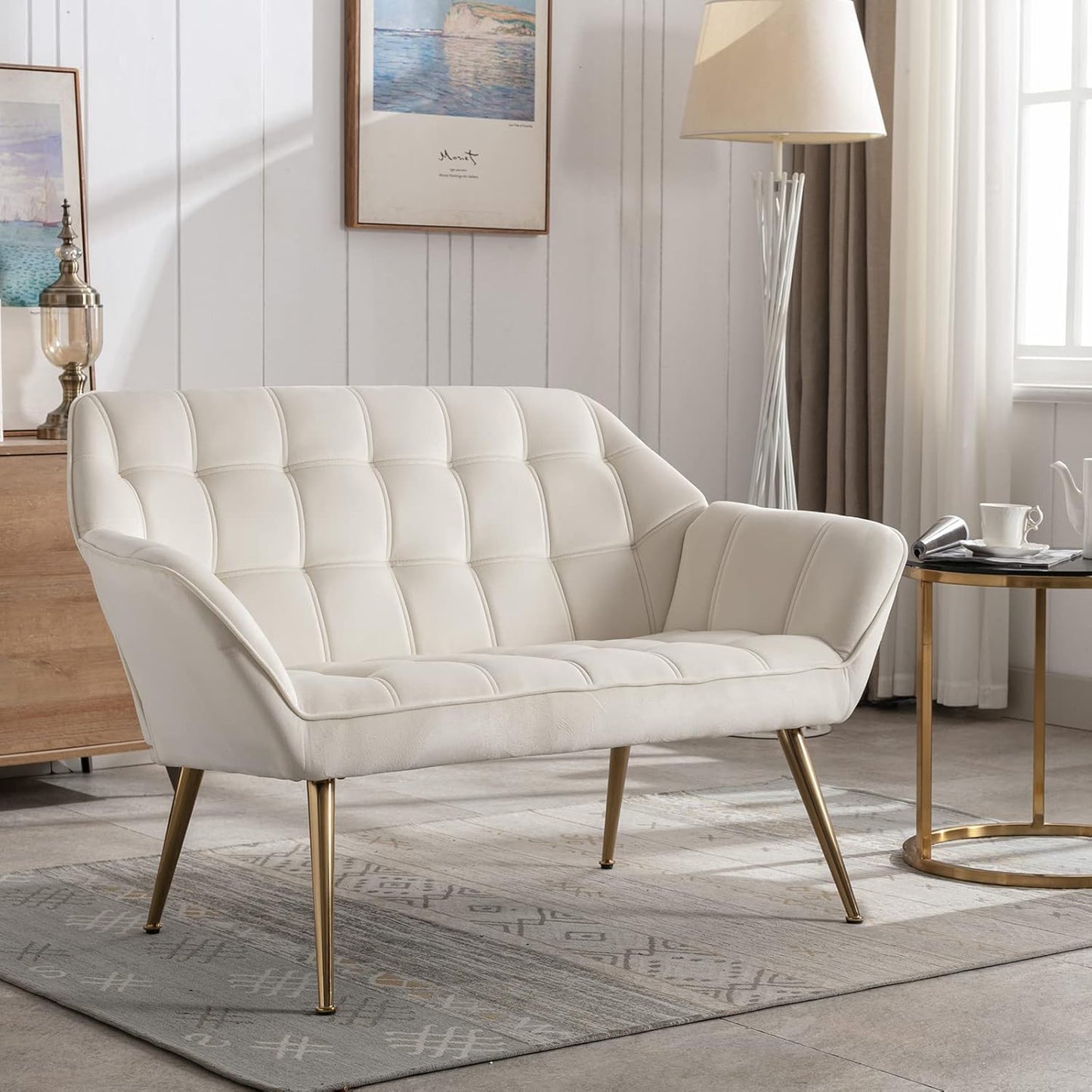 48" Small Loveseat for Small Spaces, Modern Sherpa Mini Sofa Couch 2-Seater Velvet Love Seat with Quilting Back and Gold Legs for Living Room/Bedroom, Cream