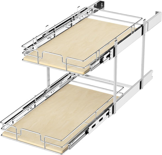 ROOMTEC 2 Tier Individual Pull Out Cabinet Organizer 13½"W x 21½"D, Slide Out Wood Shelves Organizers, Pull Out Drawers Organization and Storage for Kitchen Cabinet