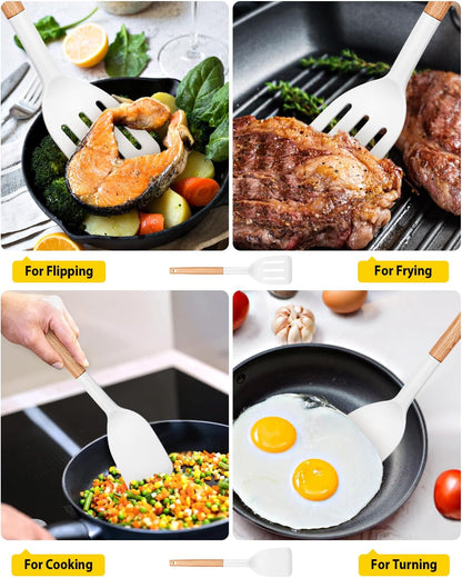 Pack of 2 Silicone Cooking Spatula, Heat Resistant Solid Turner, Non Stick Slotted Spatulas with Wooden Handle,Ideal Wood Kitchen Utensils Set for Frying, Baking, Flipping, Turning (WHITE)